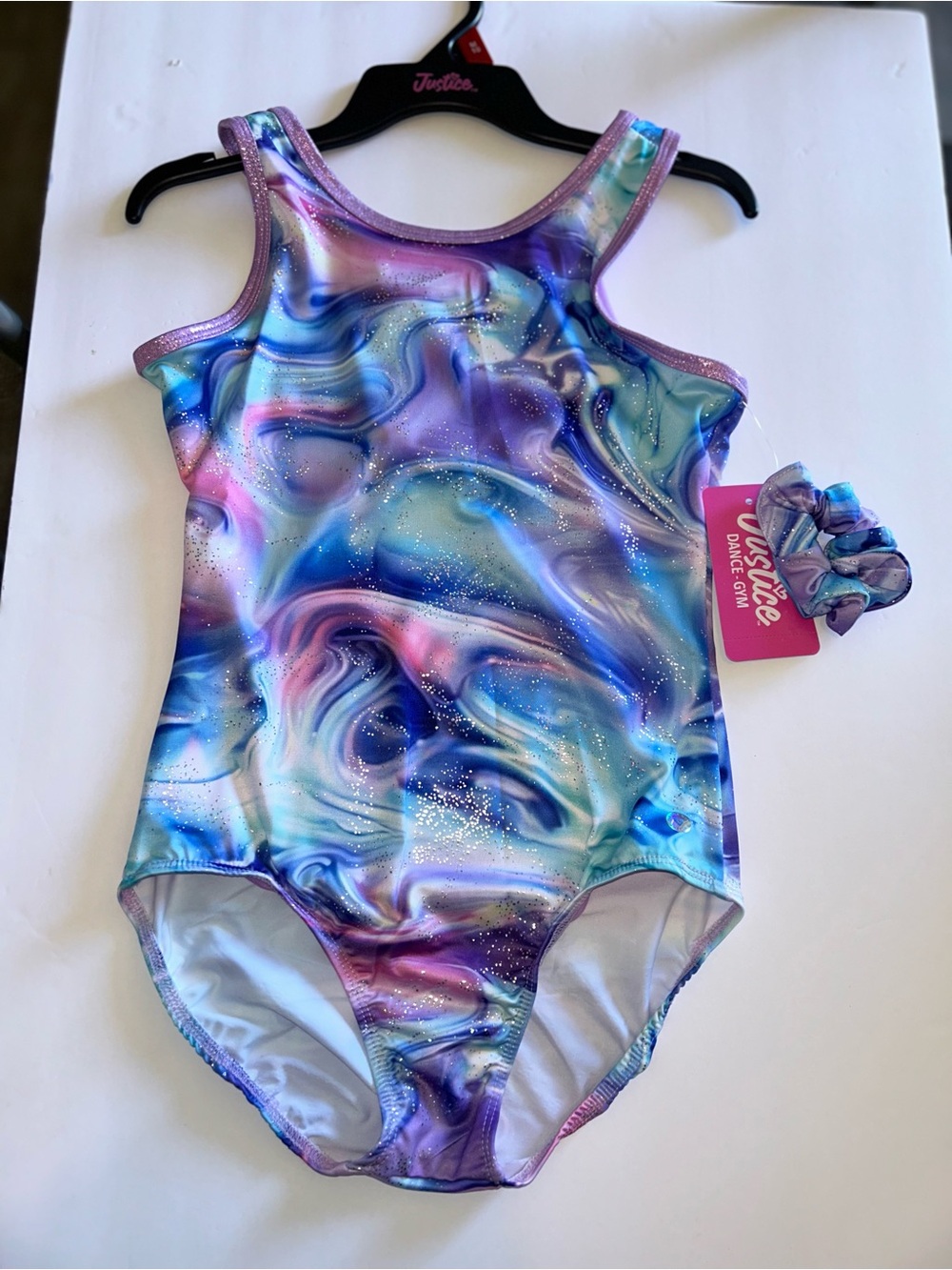 Justice Girls' Galaxy Marble One-Piece in Purple, Blue and Pink